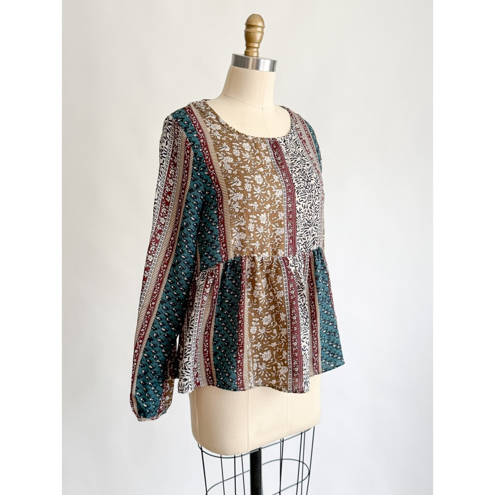 Boho Cottagecore Loveriche Patchwork Floral Peplum Top Small Brown Teal - Picture 3 of 7